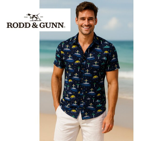 Rodd & Gunn Sports Fit Vacation All Over Graphic Short Sleeve Button-Up Top - Picture 1 of 9